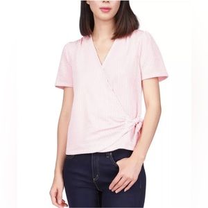 MICHAEL KORS Womens Orange Tie Snap Button Closure Short Sleeve Faux Wrap Top L